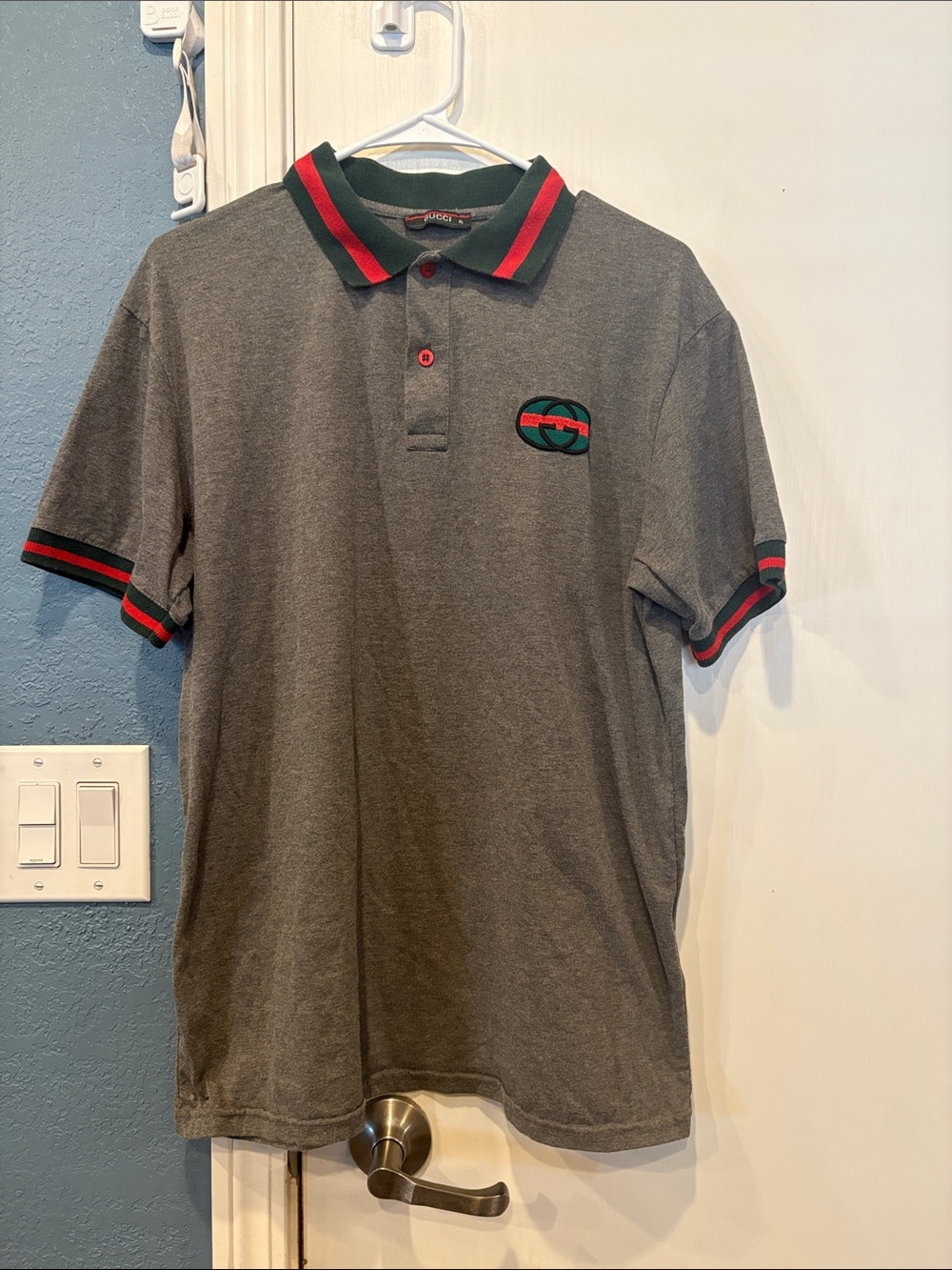 Gucci Gray Polo with Green & Red Stripe Trim
